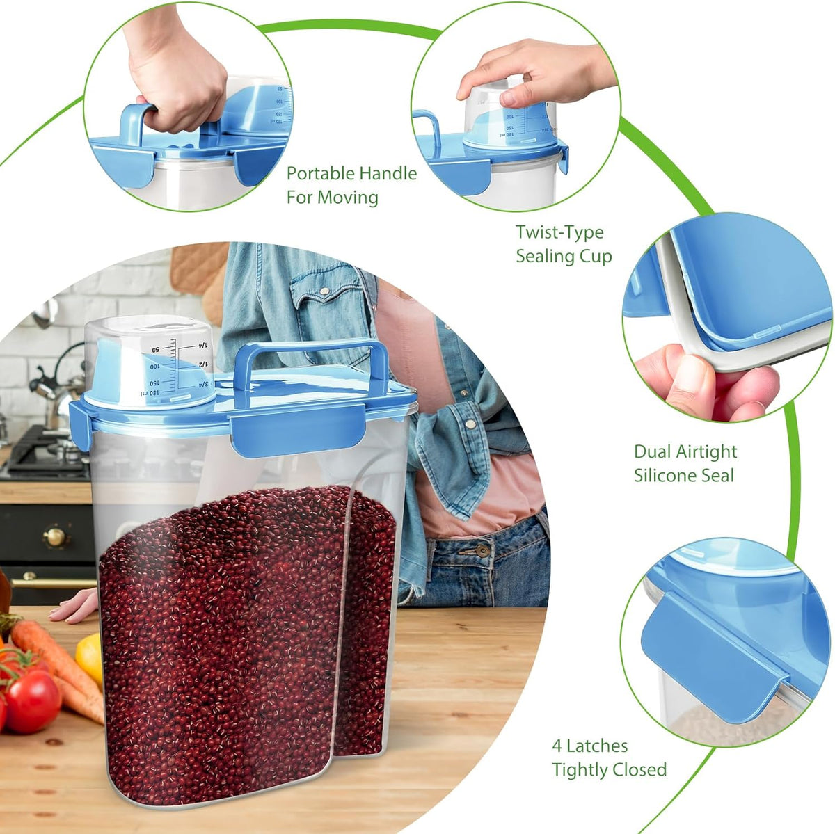 Rice Airtight Storage Container, 3 to 5Lbs Cereal Dry Food Flour Bin, Pet Dog Cat Food Dispenser with Measuring Cup, BPA Free Clear Plastic Kitchen and Pantry Organization Bin for Sugar