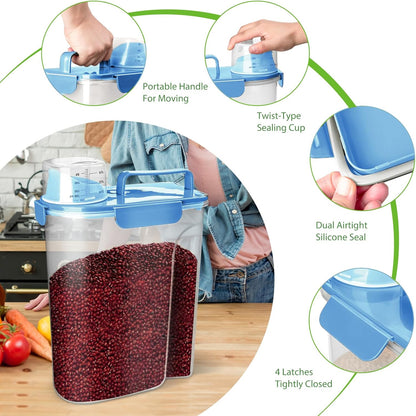 Rice Airtight Storage Container, 3 to 5Lbs Cereal Dry Food Flour Bin, Pet Dog Cat Food Dispenser with Measuring Cup, BPA Free Clear Plastic Kitchen and Pantry Organization Bin for Sugar