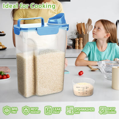 Rice Airtight Storage Container, 3 to 5Lbs Cereal Dry Food Flour Bin, Pet Dog Cat Food Dispenser with Measuring Cup, BPA Free Clear Plastic Kitchen and Pantry Organization Bin for Sugar