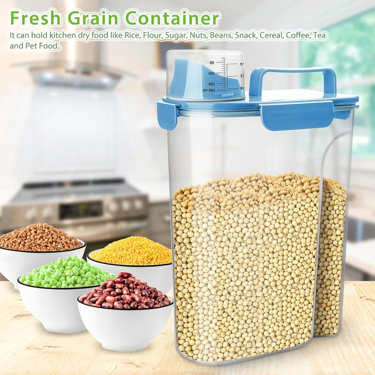 Rice Airtight Storage Container, 3 to 5Lbs Cereal Dry Food Flour Bin, Pet Dog Cat Food Dispenser with Measuring Cup, BPA Free Clear Plastic Kitchen and Pantry Organization Bin for Sugar