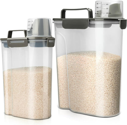 Rice Airtight Storage Container, 3 to 5Lbs Cereal Dry Food Flour Bin, Pet Dog Cat Food Dispenser with Measuring Cup, BPA Free Clear Plastic Kitchen and Pantry Organization Bin for Sugar