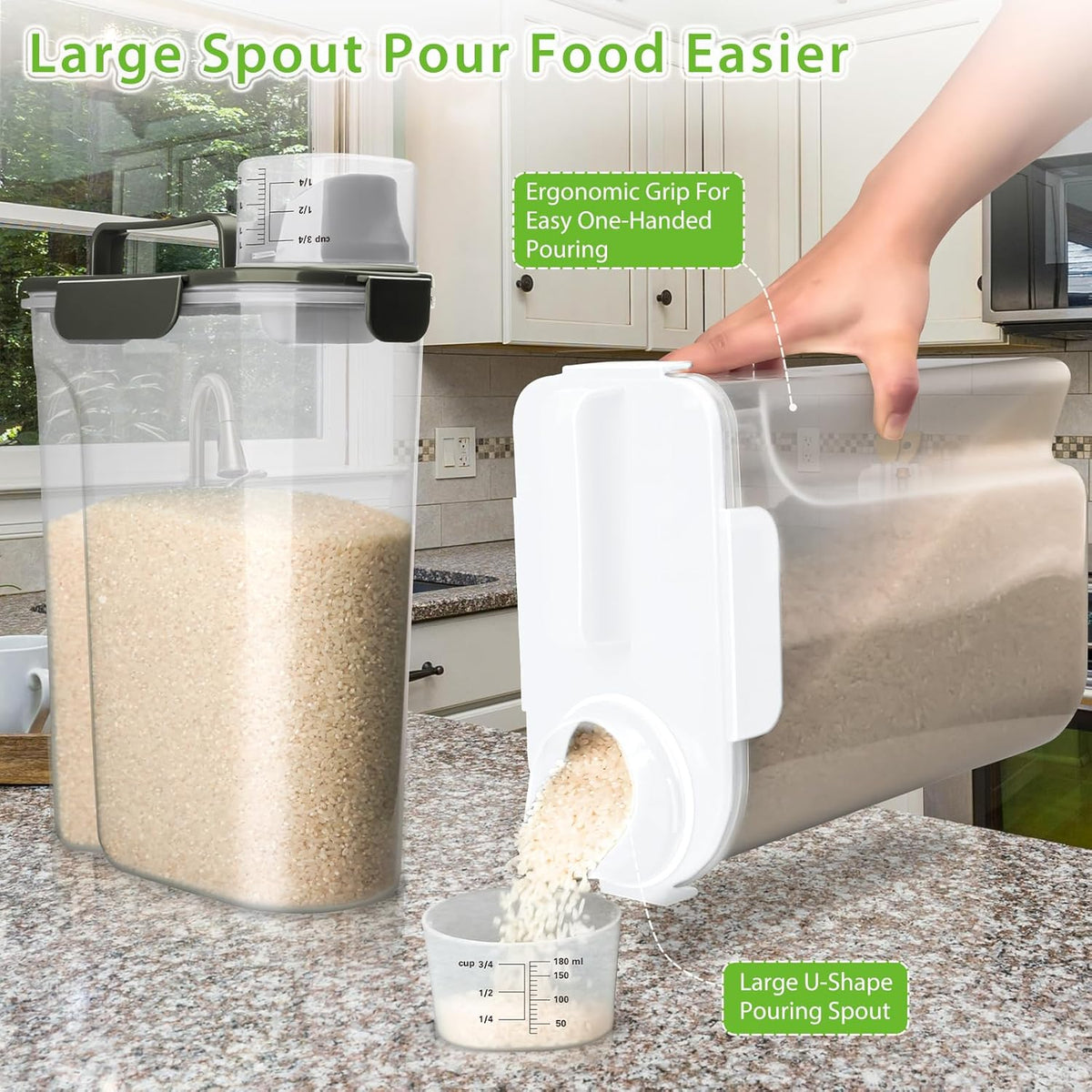 Rice Airtight Storage Container, 3 to 5Lbs Cereal Dry Food Flour Bin, Pet Dog Cat Food Dispenser with Measuring Cup, BPA Free Clear Plastic Kitchen and Pantry Organization Bin for Sugar