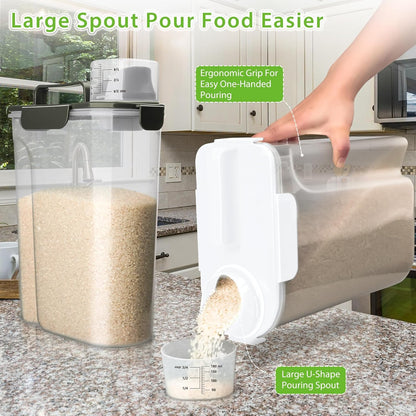Rice Airtight Storage Container, 3 to 5Lbs Cereal Dry Food Flour Bin, Pet Dog Cat Food Dispenser with Measuring Cup, BPA Free Clear Plastic Kitchen and Pantry Organization Bin for Sugar