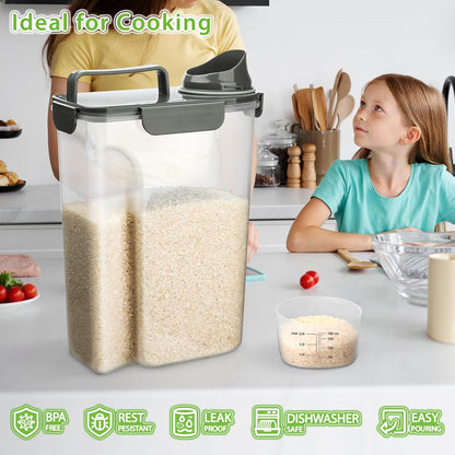 Rice Airtight Storage Container, 3 to 5Lbs Cereal Dry Food Flour Bin, Pet Dog Cat Food Dispenser with Measuring Cup, BPA Free Clear Plastic Kitchen and Pantry Organization Bin for Sugar
