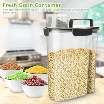 Rice Airtight Storage Container, 3 to 5Lbs Cereal Dry Food Flour Bin, Pet Dog Cat Food Dispenser with Measuring Cup, BPA Free Clear Plastic Kitchen and Pantry Organization Bin for Sugar