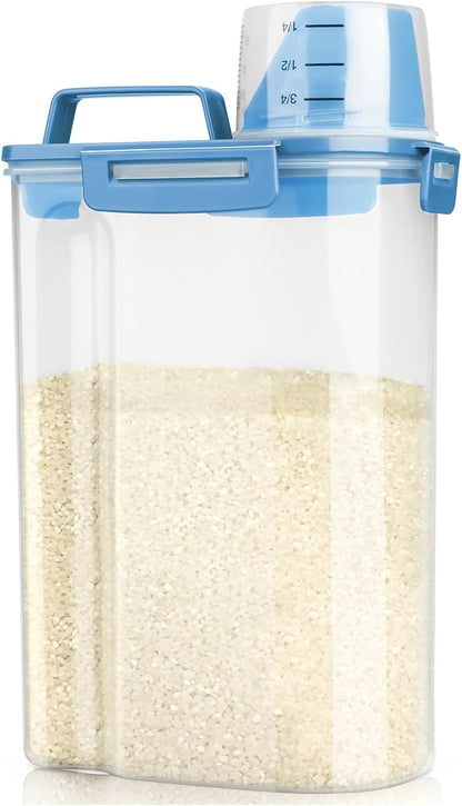 Rice Airtight Storage Container, 3 to 5Lbs Cereal Dry Food Flour Bin, Pet Dog Cat Food Dispenser with Measuring Cup, BPA Free Clear Plastic Kitchen and Pantry Organization Bin for Sugar