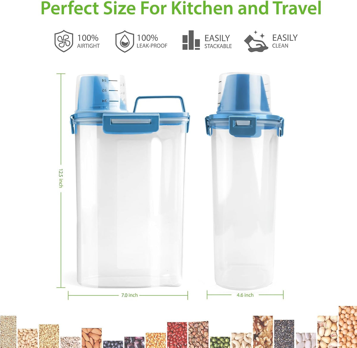Rice Airtight Storage Container, 3 to 5Lbs Cereal Dry Food Flour Bin, Pet Dog Cat Food Dispenser with Measuring Cup, BPA Free Clear Plastic Kitchen and Pantry Organization Bin for Sugar
