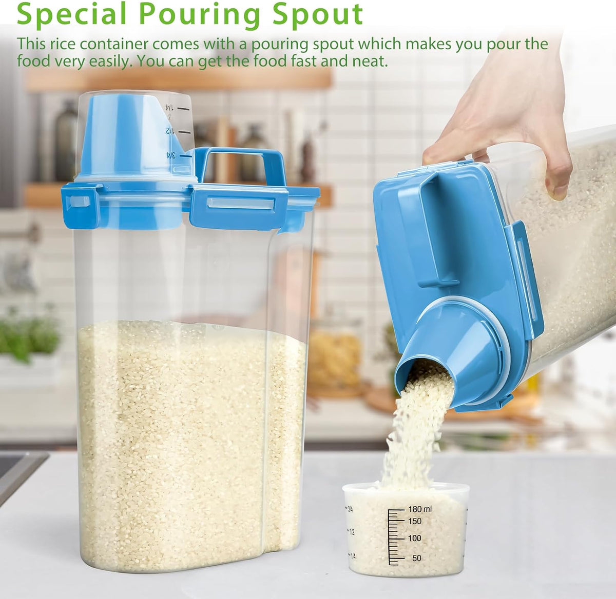 Rice Airtight Storage Container, 3 to 5Lbs Cereal Dry Food Flour Bin, Pet Dog Cat Food Dispenser with Measuring Cup, BPA Free Clear Plastic Kitchen and Pantry Organization Bin for Sugar