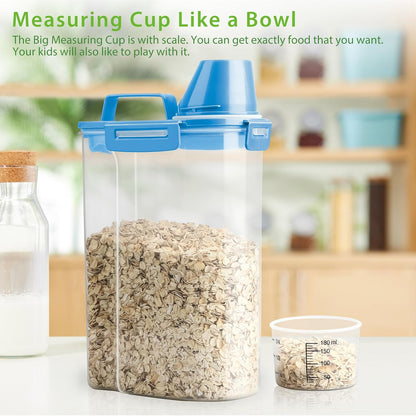 Rice Airtight Storage Container, 3 to 5Lbs Cereal Dry Food Flour Bin, Pet Dog Cat Food Dispenser with Measuring Cup, BPA Free Clear Plastic Kitchen and Pantry Organization Bin for Sugar