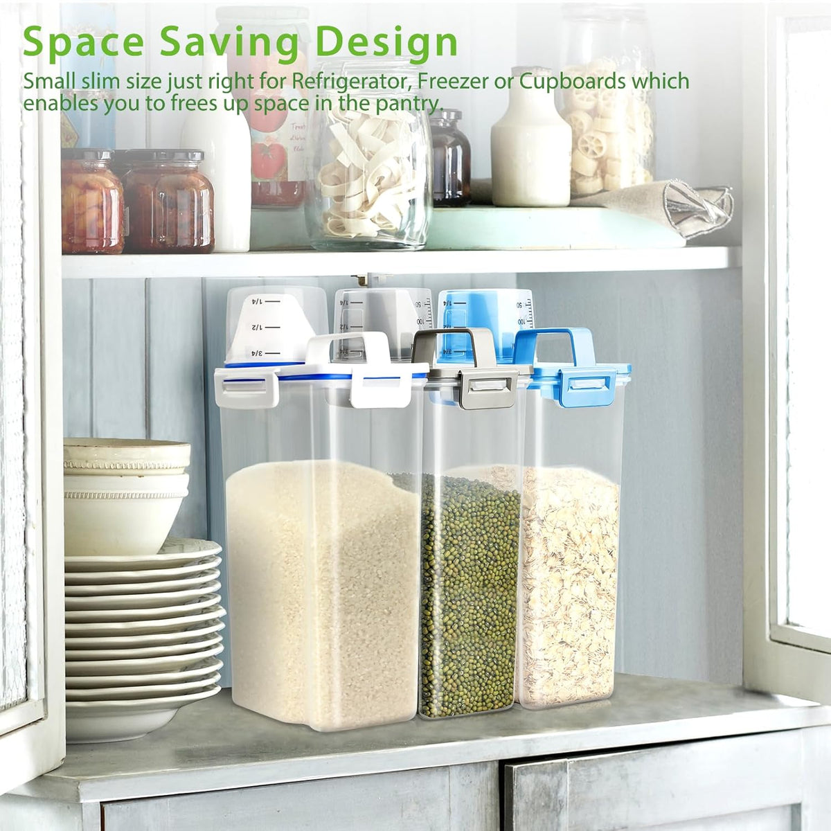 Rice Airtight Storage Container, 3 to 5Lbs Cereal Dry Food Flour Bin, Pet Dog Cat Food Dispenser with Measuring Cup, BPA Free Clear Plastic Kitchen and Pantry Organization Bin for Sugar