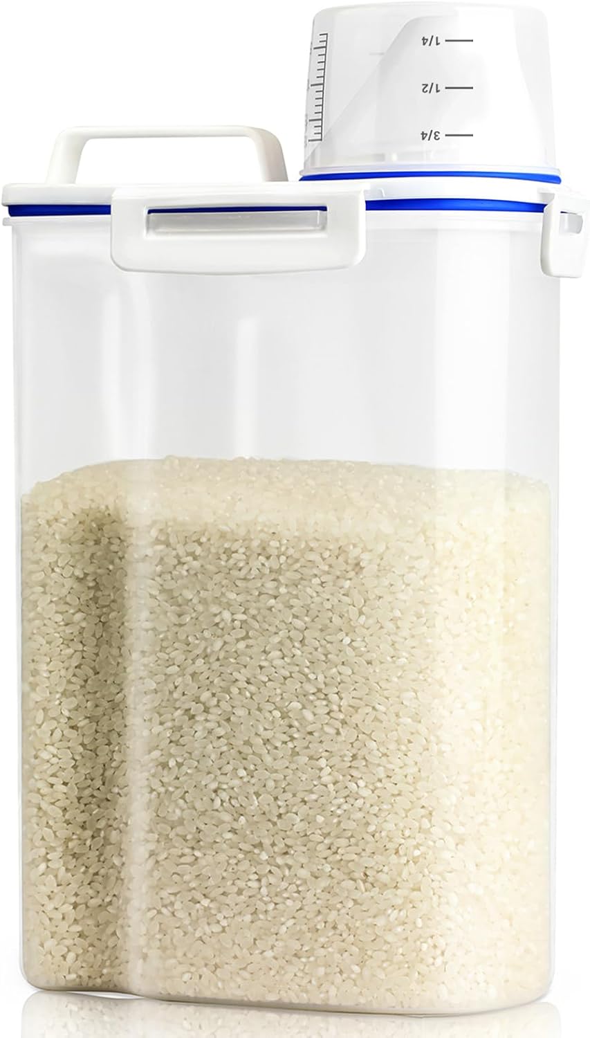 Rice Airtight Storage Container, 3 to 5Lbs Cereal Dry Food Flour Bin, Pet Dog Cat Food Dispenser with Measuring Cup, BPA Free Clear Plastic Kitchen and Pantry Organization Bin for Sugar