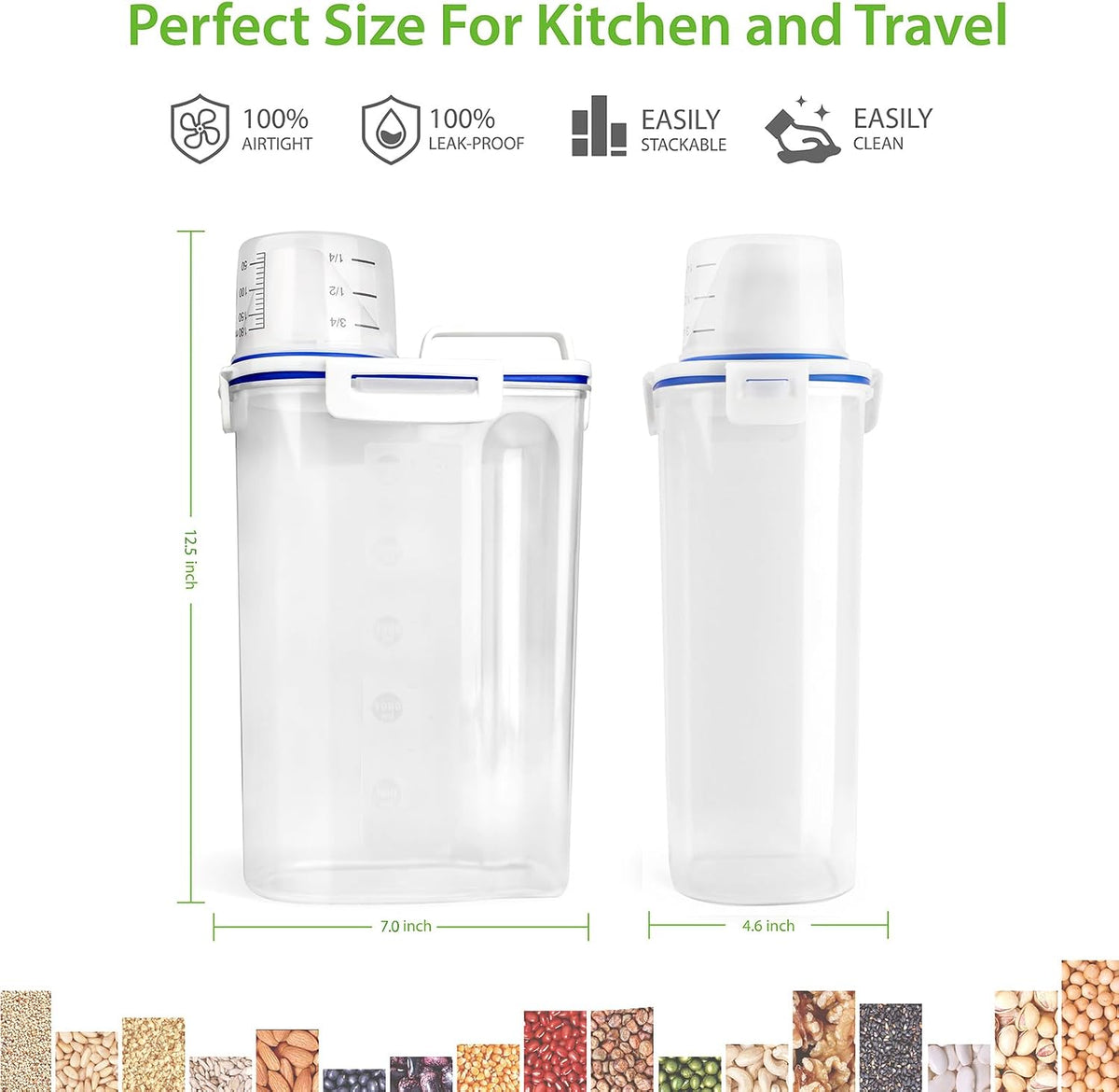 Rice Airtight Storage Container, 3 to 5Lbs Cereal Dry Food Flour Bin, Pet Dog Cat Food Dispenser with Measuring Cup, BPA Free Clear Plastic Kitchen and Pantry Organization Bin for Sugar