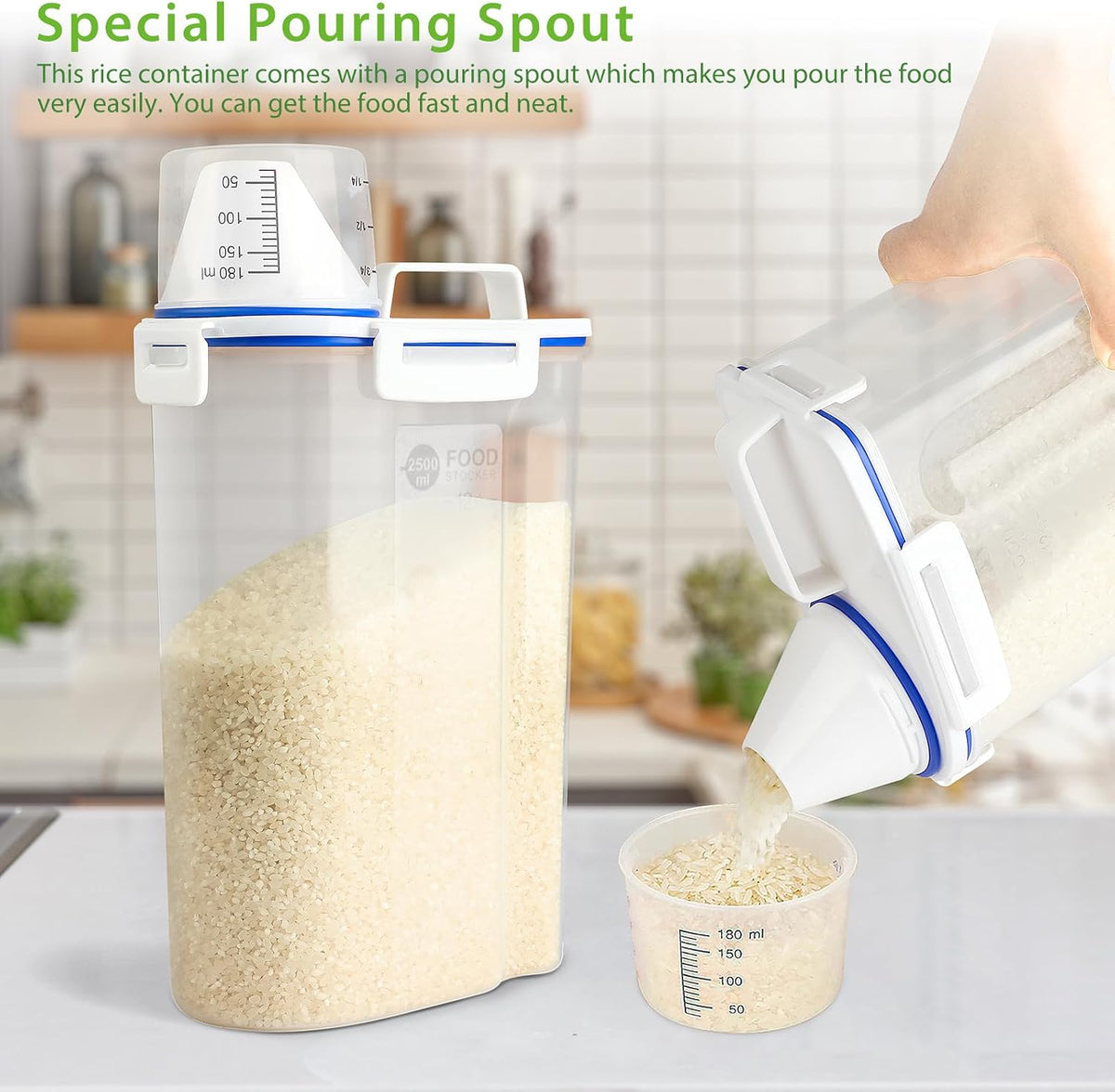 Rice Airtight Storage Container, 3 to 5Lbs Cereal Dry Food Flour Bin, Pet Dog Cat Food Dispenser with Measuring Cup, BPA Free Clear Plastic Kitchen and Pantry Organization Bin for Sugar