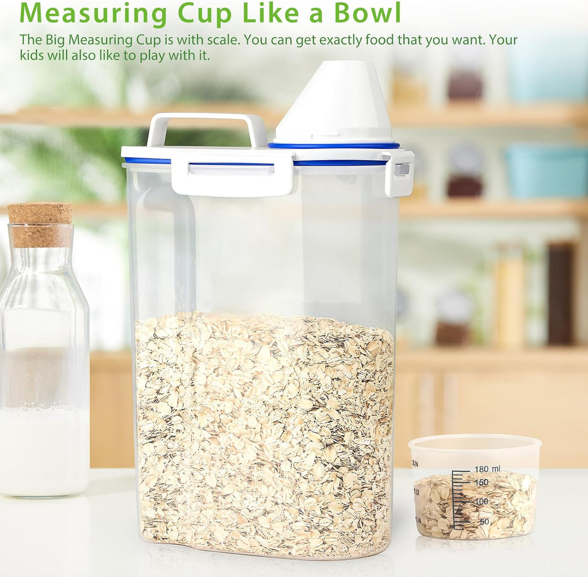 Rice Airtight Storage Container, 3 to 5Lbs Cereal Dry Food Flour Bin, Pet Dog Cat Food Dispenser with Measuring Cup, BPA Free Clear Plastic Kitchen and Pantry Organization Bin for Sugar