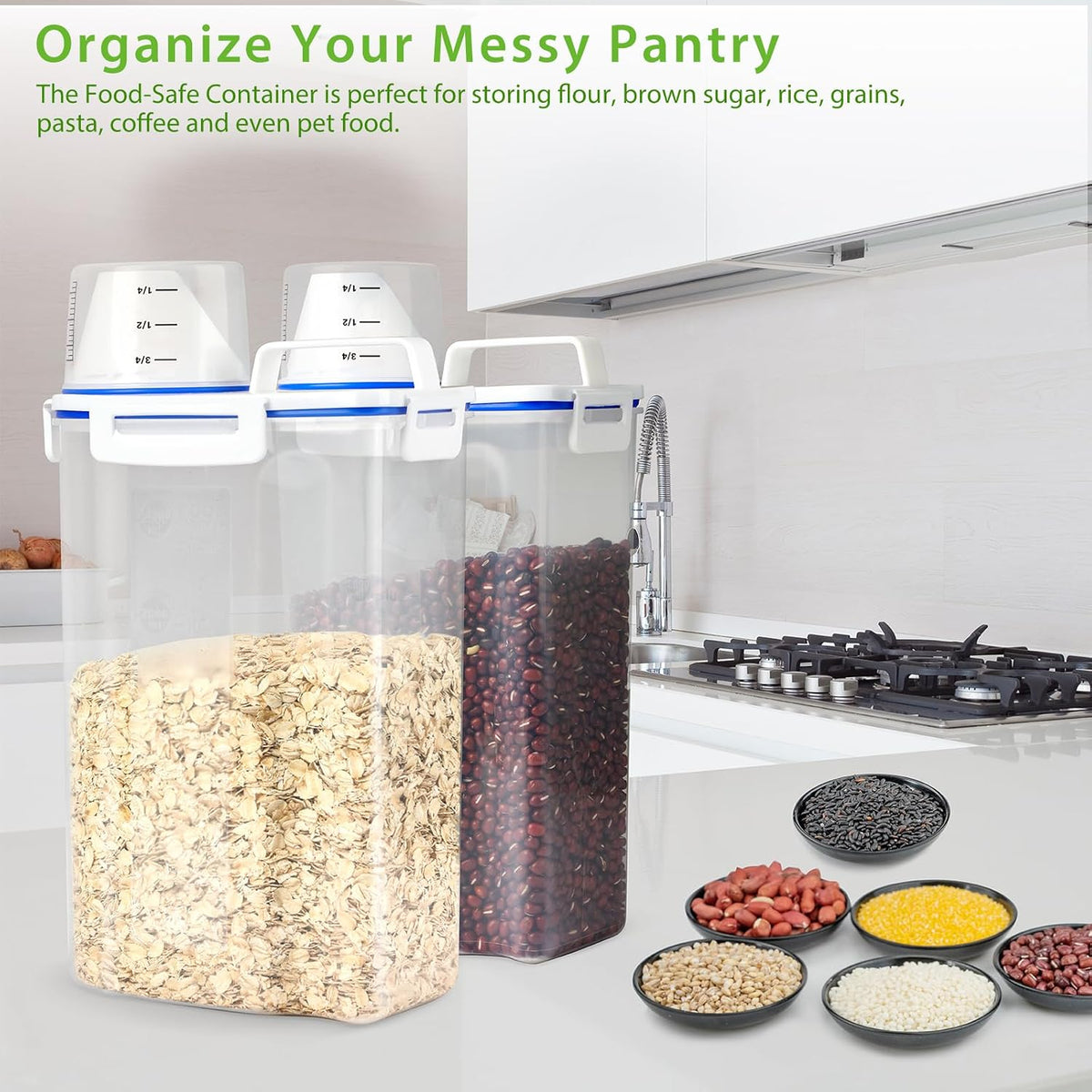 Rice Airtight Storage Container, 3 to 5Lbs Cereal Dry Food Flour Bin, Pet Dog Cat Food Dispenser with Measuring Cup, BPA Free Clear Plastic Kitchen and Pantry Organization Bin for Sugar