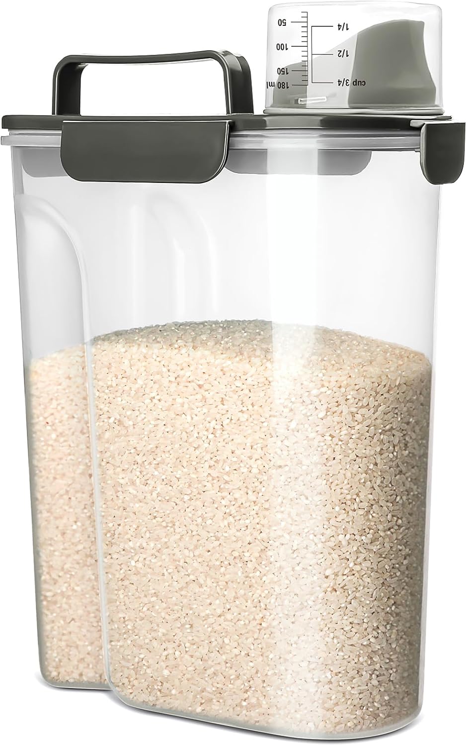 Rice Airtight Storage Container, 3 to 5Lbs Cereal Dry Food Flour Bin, Pet Dog Cat Food Dispenser with Measuring Cup, BPA Free Clear Plastic Kitchen and Pantry Organization Bin for Sugar