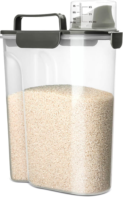 Rice Airtight Storage Container, 3 to 5Lbs Cereal Dry Food Flour Bin, Pet Dog Cat Food Dispenser with Measuring Cup, BPA Free Clear Plastic Kitchen and Pantry Organization Bin for Sugar