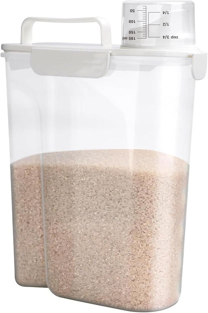 Rice Airtight Storage Container, 3 to 5Lbs Cereal Dry Food Flour Bin, Pet Dog Cat Food Dispenser with Measuring Cup, BPA Free Clear Plastic Kitchen and Pantry Organization Bin for Sugar