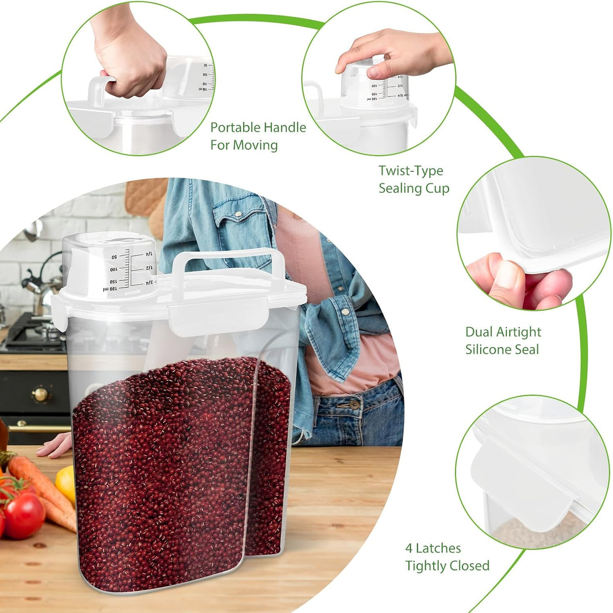 Rice Airtight Storage Container, 3 to 5Lbs Cereal Dry Food Flour Bin, Pet Dog Cat Food Dispenser with Measuring Cup, BPA Free Clear Plastic Kitchen and Pantry Organization Bin for Sugar