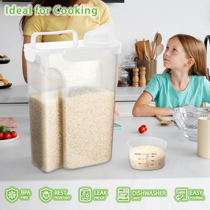 Rice Airtight Storage Container, 3 to 5Lbs Cereal Dry Food Flour Bin, Pet Dog Cat Food Dispenser with Measuring Cup, BPA Free Clear Plastic Kitchen and Pantry Organization Bin for Sugar