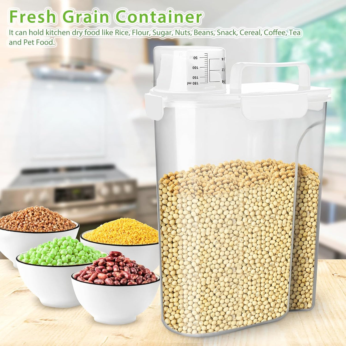 Rice Airtight Storage Container, 3 to 5Lbs Cereal Dry Food Flour Bin, Pet Dog Cat Food Dispenser with Measuring Cup, BPA Free Clear Plastic Kitchen and Pantry Organization Bin for Sugar
