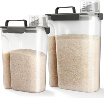 Rice Airtight Storage Container, 3 to 5Lbs Cereal Dry Food Flour Bin, Pet Dog Cat Food Dispenser with Measuring Cup, BPA Free Clear Plastic Kitchen and Pantry Organization Bin for Sugar