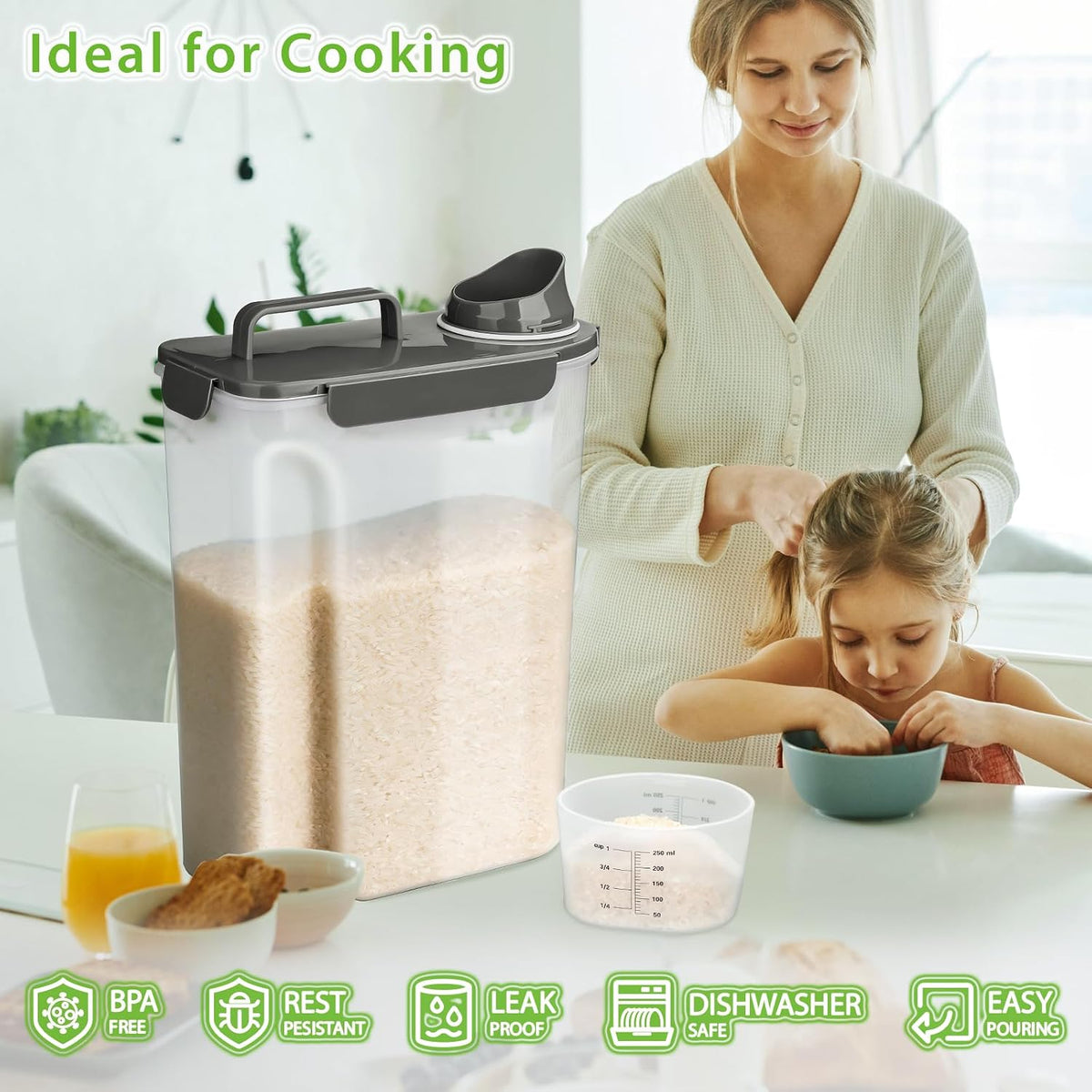 Rice Airtight Storage Container, 3 to 5Lbs Cereal Dry Food Flour Bin, Pet Dog Cat Food Dispenser with Measuring Cup, BPA Free Clear Plastic Kitchen and Pantry Organization Bin for Sugar