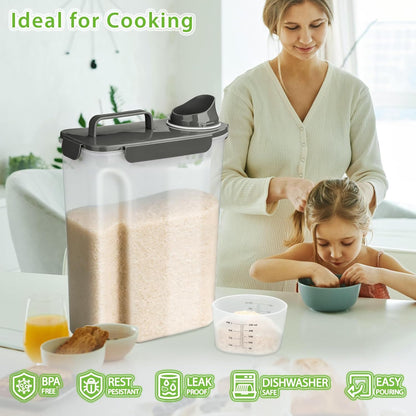 Rice Airtight Storage Container, 3 to 5Lbs Cereal Dry Food Flour Bin, Pet Dog Cat Food Dispenser with Measuring Cup, BPA Free Clear Plastic Kitchen and Pantry Organization Bin for Sugar