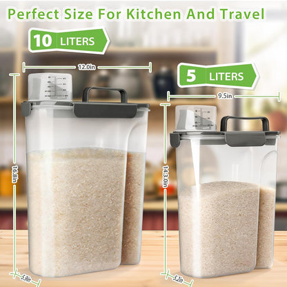 Rice Airtight Storage Container, 3 to 5Lbs Cereal Dry Food Flour Bin, Pet Dog Cat Food Dispenser with Measuring Cup, BPA Free Clear Plastic Kitchen and Pantry Organization Bin for Sugar