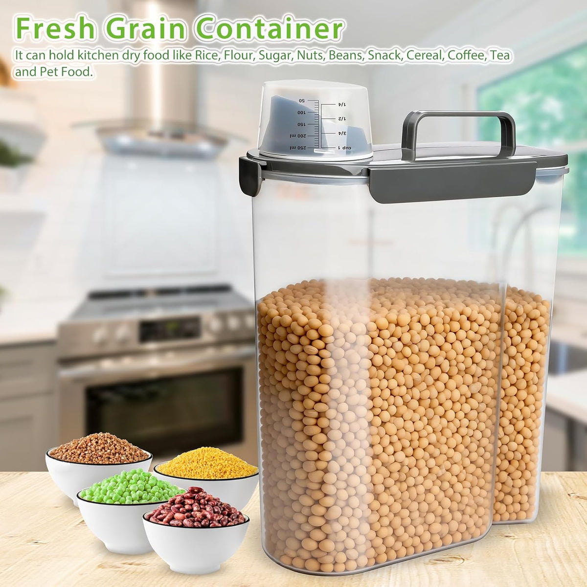 Rice Airtight Storage Container, 3 to 5Lbs Cereal Dry Food Flour Bin, Pet Dog Cat Food Dispenser with Measuring Cup, BPA Free Clear Plastic Kitchen and Pantry Organization Bin for Sugar