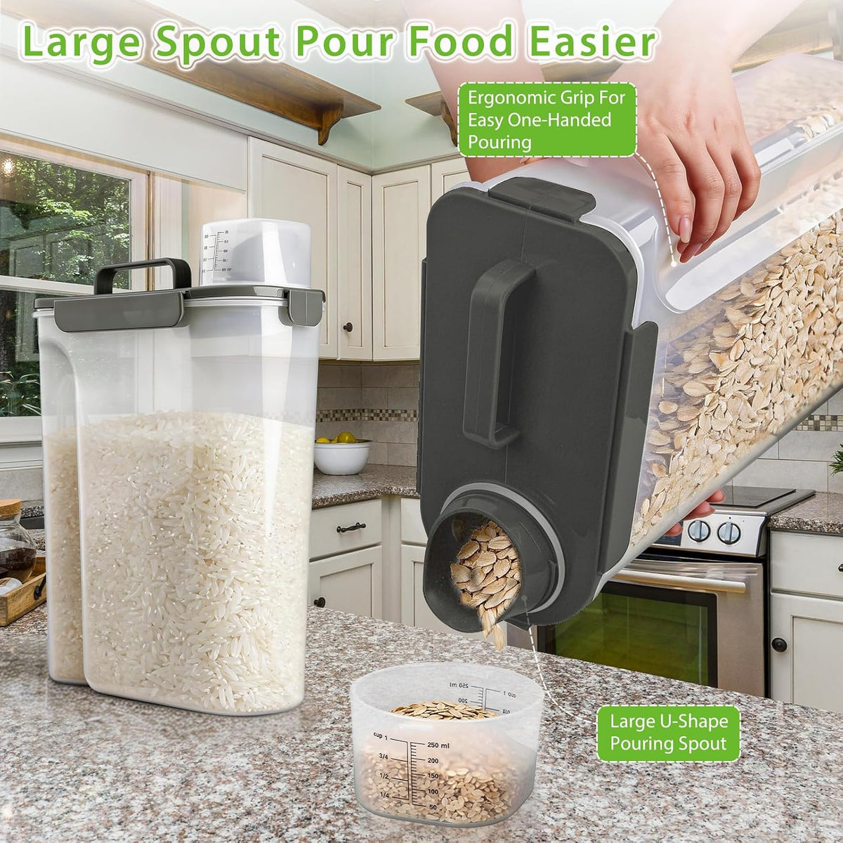 Rice Airtight Storage Container, 3 to 5Lbs Cereal Dry Food Flour Bin, Pet Dog Cat Food Dispenser with Measuring Cup, BPA Free Clear Plastic Kitchen and Pantry Organization Bin for Sugar