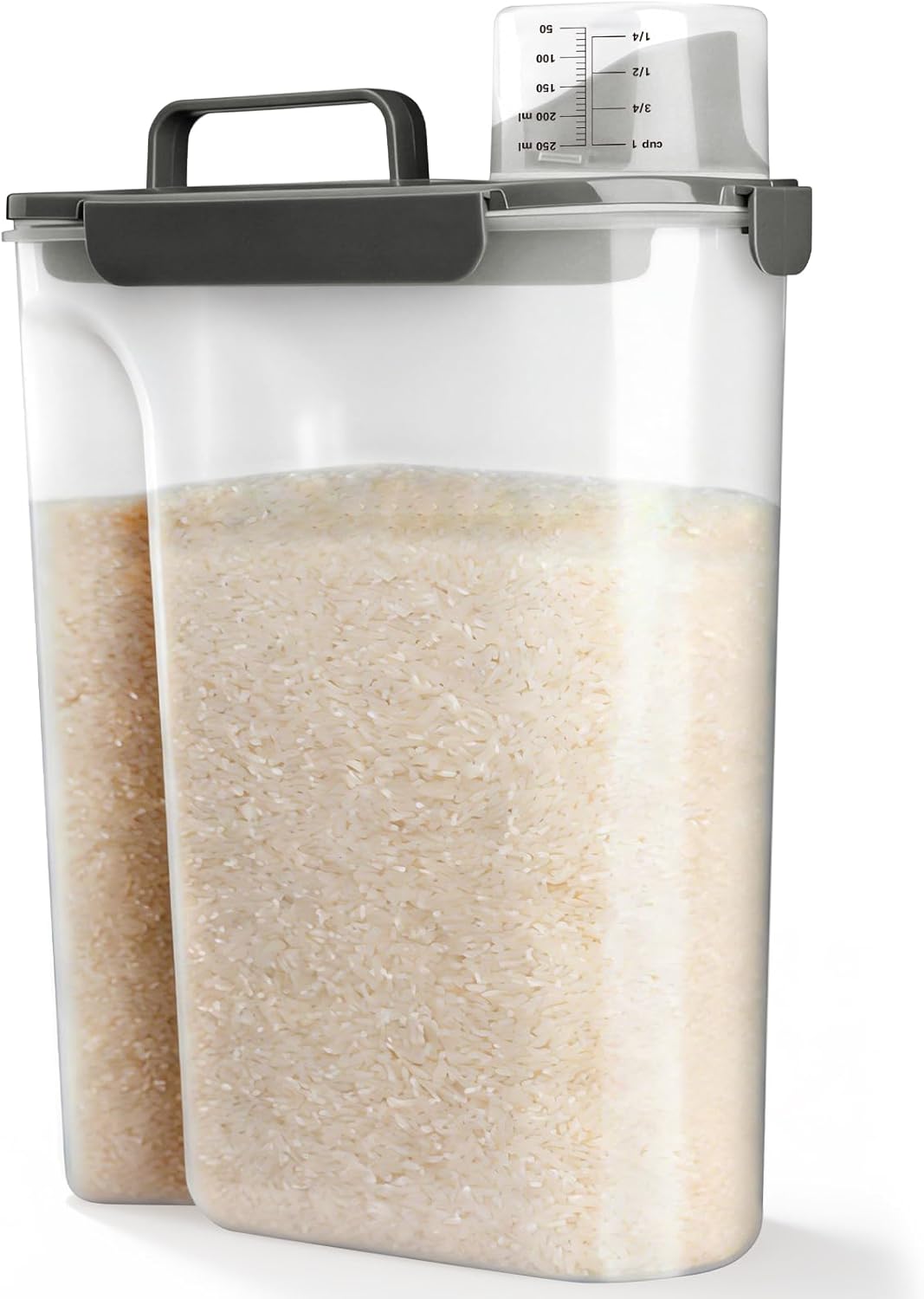 Rice Airtight Storage Container, 3 to 5Lbs Cereal Dry Food Flour Bin, Pet Dog Cat Food Dispenser with Measuring Cup, BPA Free Clear Plastic Kitchen and Pantry Organization Bin for Sugar