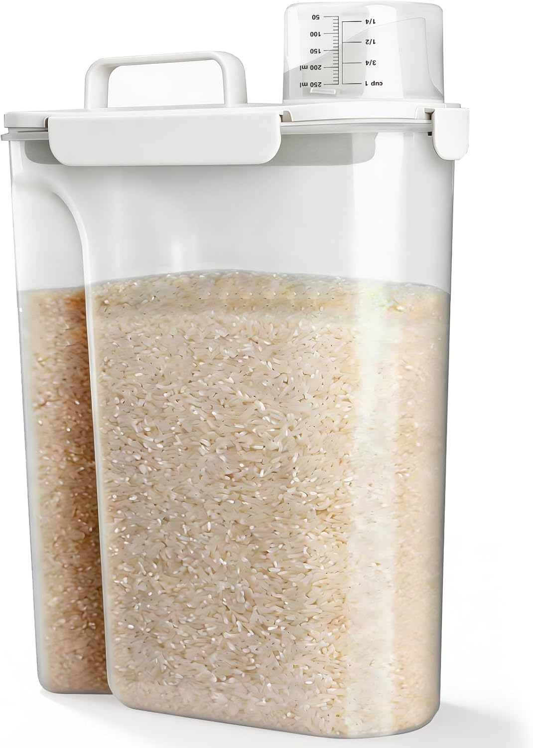 Rice Airtight Storage Container, 3 to 5Lbs Cereal Dry Food Flour Bin, Pet Dog Cat Food Dispenser with Measuring Cup, BPA Free Clear Plastic Kitchen and Pantry Organization Bin for Sugar