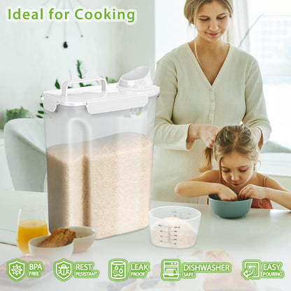 Rice Airtight Storage Container, 3 to 5Lbs Cereal Dry Food Flour Bin, Pet Dog Cat Food Dispenser with Measuring Cup, BPA Free Clear Plastic Kitchen and Pantry Organization Bin for Sugar