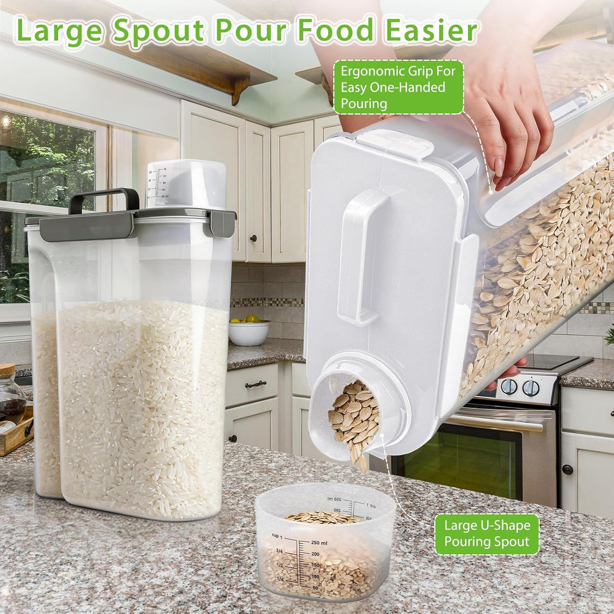 Rice Airtight Storage Container, 3 to 5Lbs Cereal Dry Food Flour Bin, Pet Dog Cat Food Dispenser with Measuring Cup, BPA Free Clear Plastic Kitchen and Pantry Organization Bin for Sugar