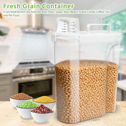 Rice Airtight Storage Container, 3 to 5Lbs Cereal Dry Food Flour Bin, Pet Dog Cat Food Dispenser with Measuring Cup, BPA Free Clear Plastic Kitchen and Pantry Organization Bin for Sugar