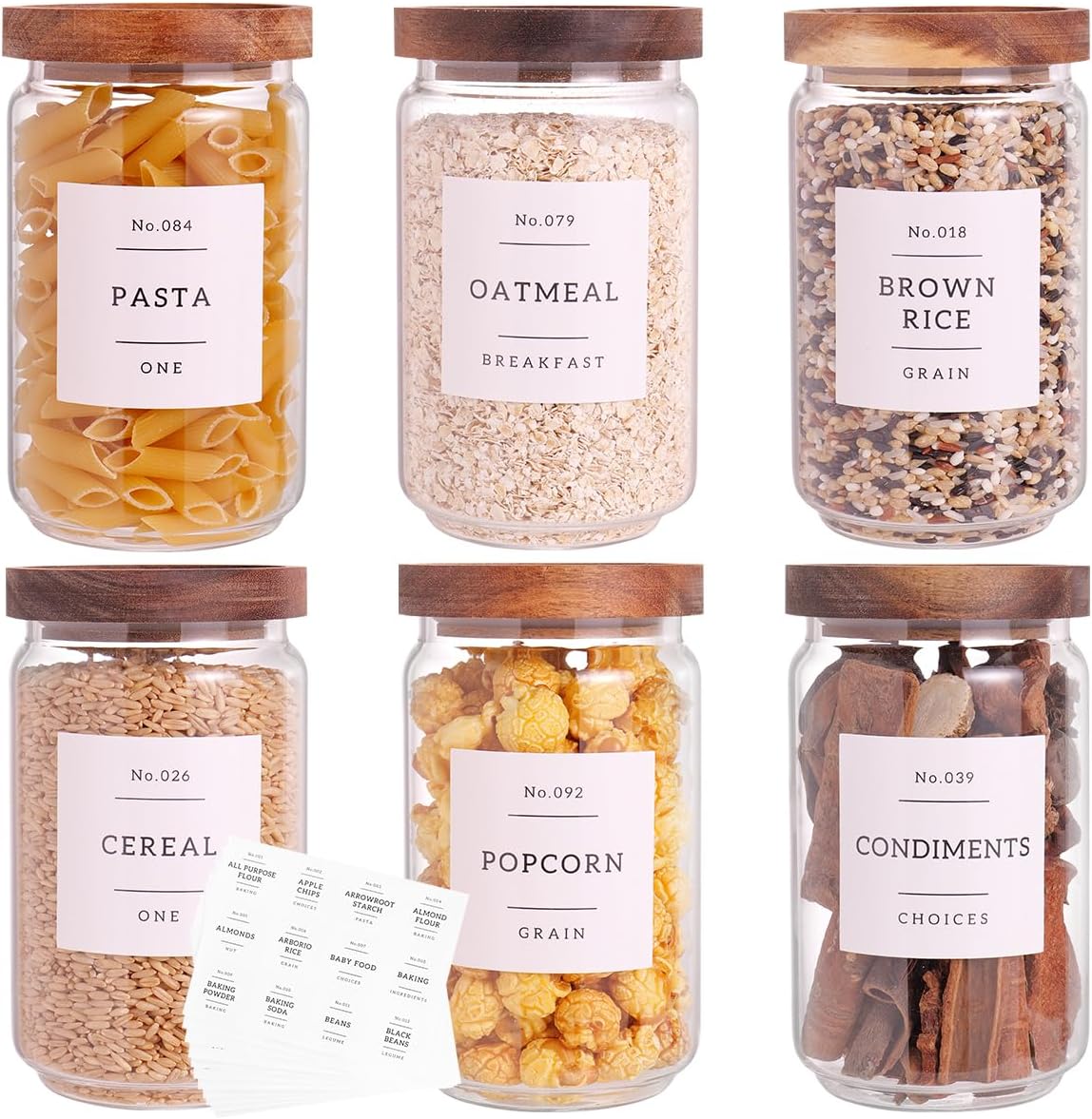 6 Set Glass Pantry Storage Jars with Acacia Airtight Lid - 15oz Thicken Glass Kitchen Canisters with 132 Pantry Labels - Clear Glass Food Storage Containers with Wood Lid for Tea,Sugar,Spice,herbs