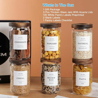 6 Set Glass Pantry Storage Jars with Acacia Airtight Lid - 15oz Thicken Glass Kitchen Canisters with 132 Pantry Labels - Clear Glass Food Storage Containers with Wood Lid for Tea,Sugar,Spice,herbs