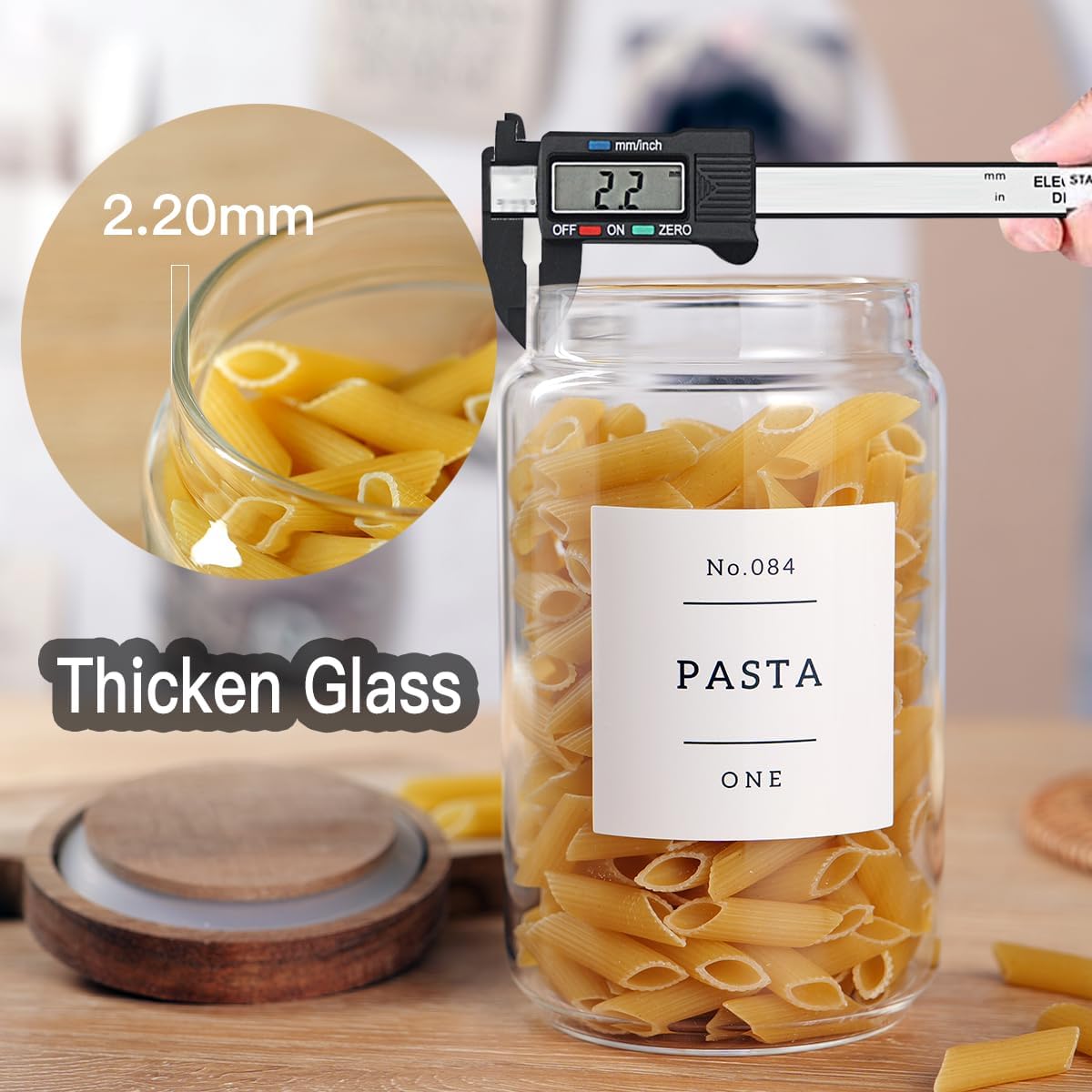 6 Set Glass Pantry Storage Jars with Acacia Airtight Lid - 15oz Thicken Glass Kitchen Canisters with 132 Pantry Labels - Clear Glass Food Storage Containers with Wood Lid for Tea,Sugar,Spice,herbs
