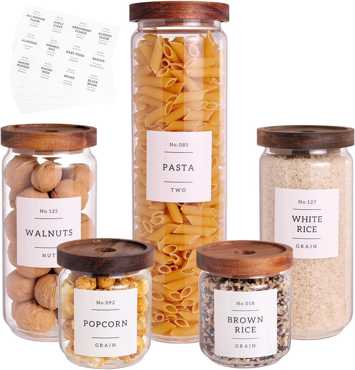 6 Set Glass Pantry Storage Jars with Acacia Airtight Lid - 15oz Thicken Glass Kitchen Canisters with 132 Pantry Labels - Clear Glass Food Storage Containers with Wood Lid for Tea,Sugar,Spice,herbs