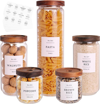 6 Set Glass Pantry Storage Jars with Acacia Airtight Lid - 15oz Thicken Glass Kitchen Canisters with 132 Pantry Labels - Clear Glass Food Storage Containers with Wood Lid for Tea,Sugar,Spice,herbs