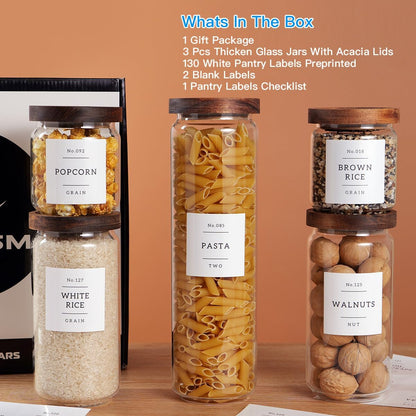 6 Set Glass Pantry Storage Jars with Acacia Airtight Lid - 15oz Thicken Glass Kitchen Canisters with 132 Pantry Labels - Clear Glass Food Storage Containers with Wood Lid for Tea,Sugar,Spice,herbs
