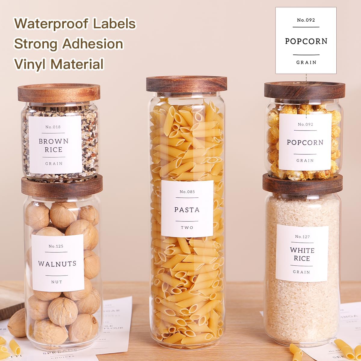 6 Set Glass Pantry Storage Jars with Acacia Airtight Lid - 15oz Thicken Glass Kitchen Canisters with 132 Pantry Labels - Clear Glass Food Storage Containers with Wood Lid for Tea,Sugar,Spice,herbs