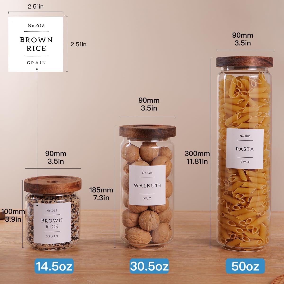 6 Set Glass Pantry Storage Jars with Acacia Airtight Lid - 15oz Thicken Glass Kitchen Canisters with 132 Pantry Labels - Clear Glass Food Storage Containers with Wood Lid for Tea,Sugar,Spice,herbs