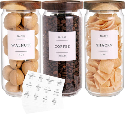 6 Set Glass Pantry Storage Jars with Acacia Airtight Lid - 15oz Thicken Glass Kitchen Canisters with 132 Pantry Labels - Clear Glass Food Storage Containers with Wood Lid for Tea,Sugar,Spice,herbs