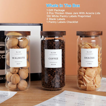 6 Set Glass Pantry Storage Jars with Acacia Airtight Lid - 15oz Thicken Glass Kitchen Canisters with 132 Pantry Labels - Clear Glass Food Storage Containers with Wood Lid for Tea,Sugar,Spice,herbs