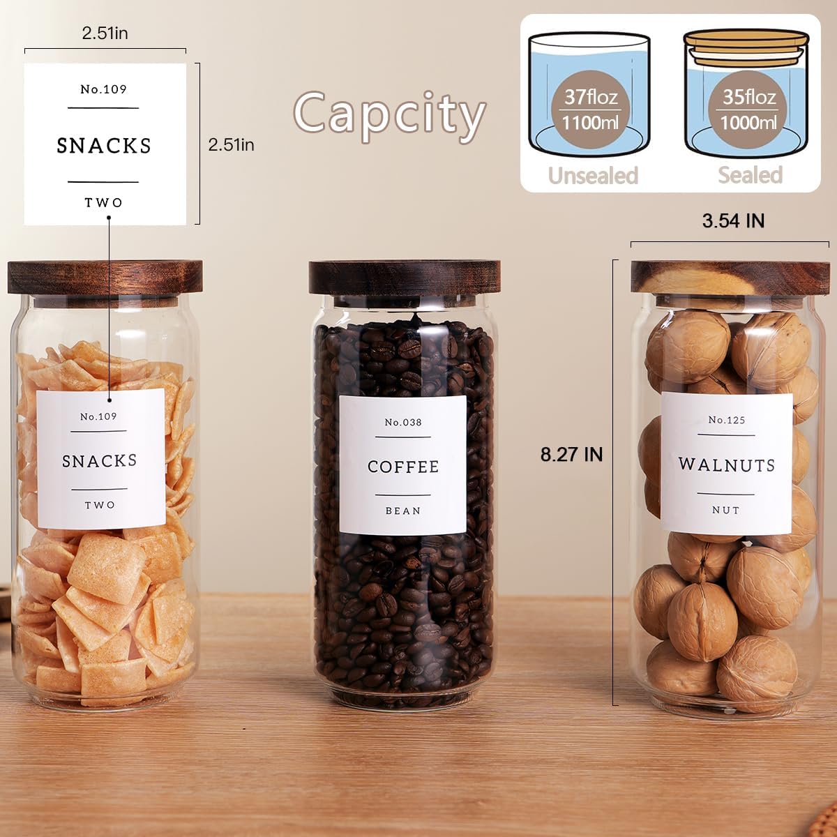 6 Set Glass Pantry Storage Jars with Acacia Airtight Lid - 15oz Thicken Glass Kitchen Canisters with 132 Pantry Labels - Clear Glass Food Storage Containers with Wood Lid for Tea,Sugar,Spice,herbs