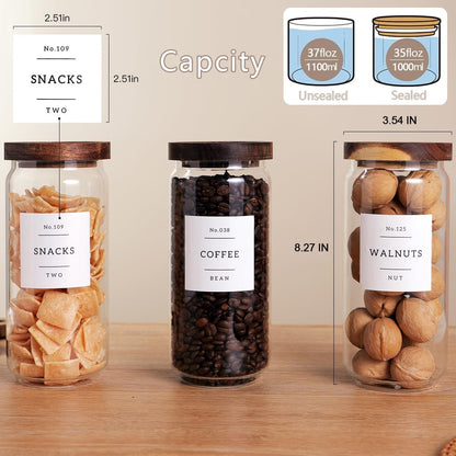 6 Set Glass Pantry Storage Jars with Acacia Airtight Lid - 15oz Thicken Glass Kitchen Canisters with 132 Pantry Labels - Clear Glass Food Storage Containers with Wood Lid for Tea,Sugar,Spice,herbs