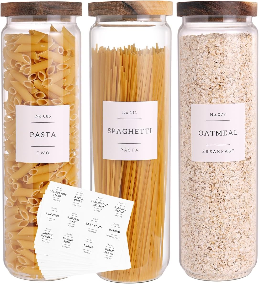 6 Set Glass Pantry Storage Jars with Acacia Airtight Lid - 15oz Thicken Glass Kitchen Canisters with 132 Pantry Labels - Clear Glass Food Storage Containers with Wood Lid for Tea,Sugar,Spice,herbs