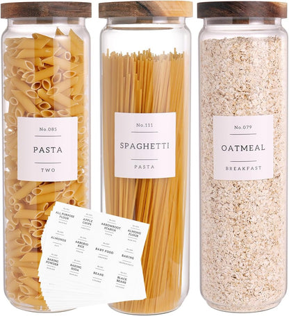 6 Set Glass Pantry Storage Jars with Acacia Airtight Lid - 15oz Thicken Glass Kitchen Canisters with 132 Pantry Labels - Clear Glass Food Storage Containers with Wood Lid for Tea,Sugar,Spice,herbs